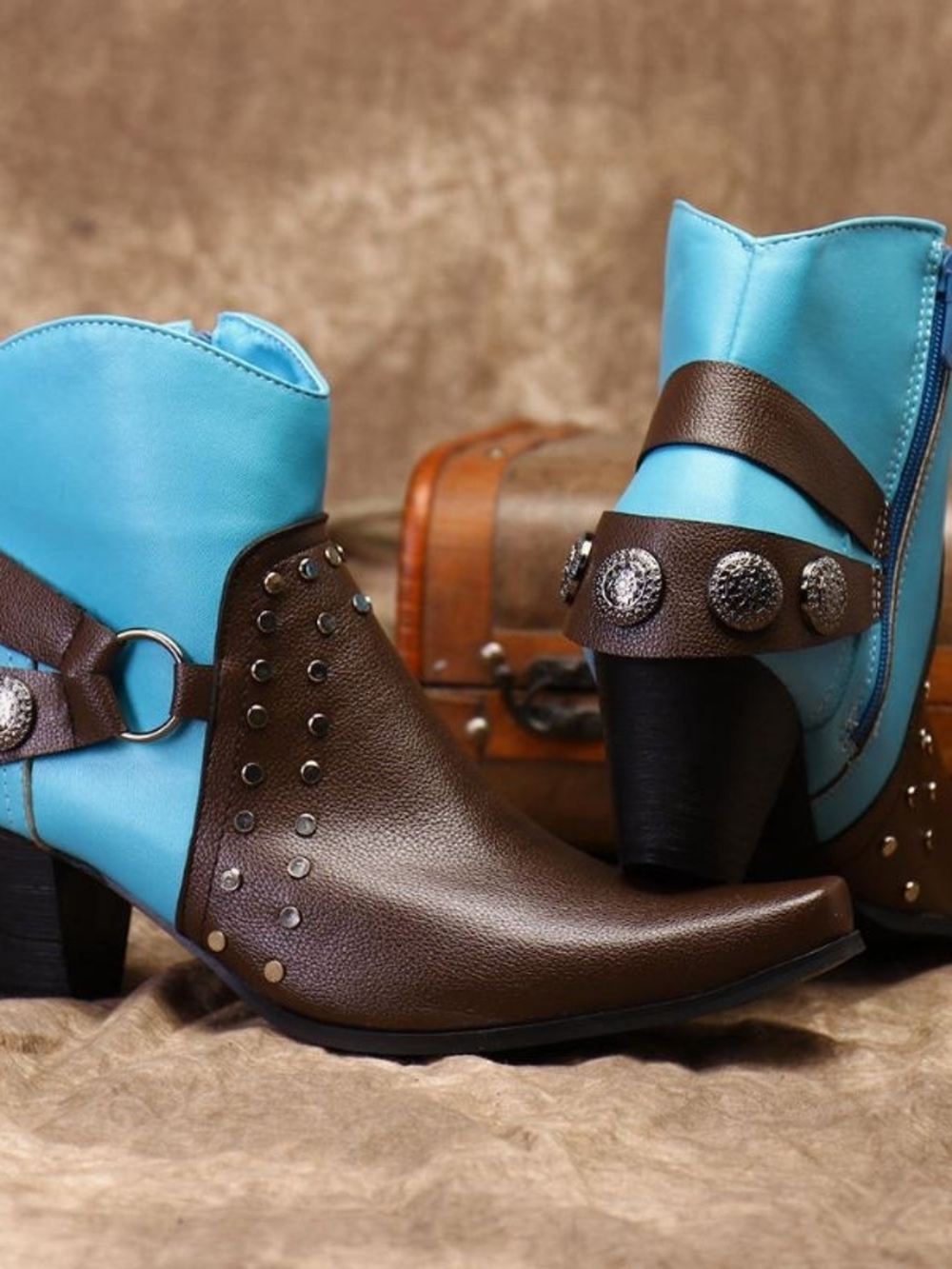Turquoise & Brown Western Ankle Boots - Women's
